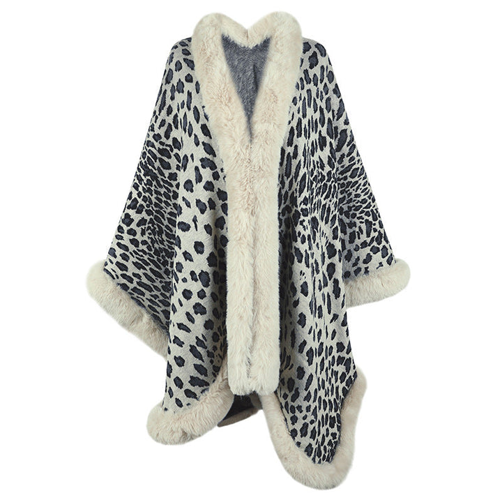 Dam Cozy Poncho med Luxurious Fusk Päls Trim och Leopard Tryck