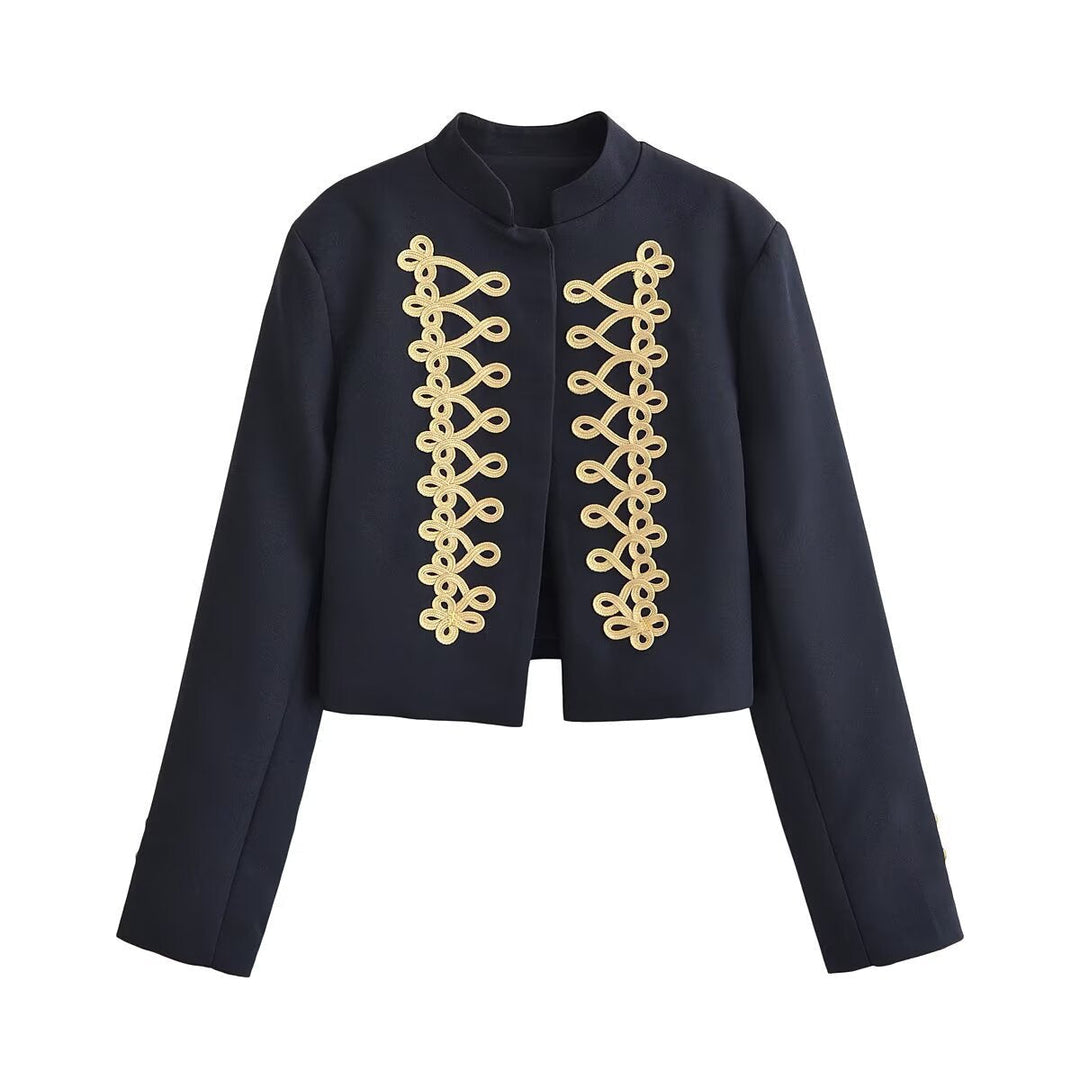 Dam Kort Military Jacka med Guld-Embellished Cord Application