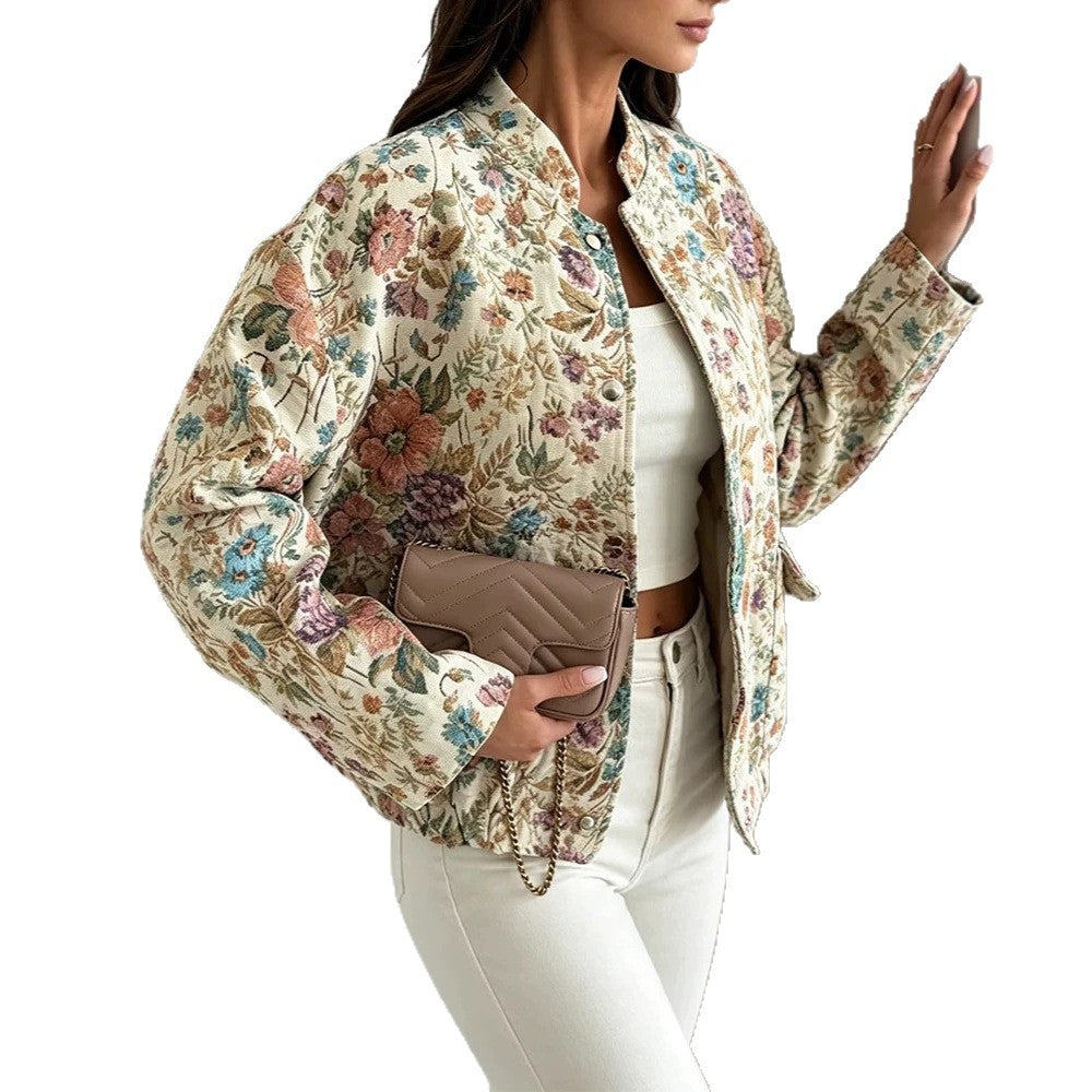 Dam Floral Jacquard quiltad jacka med Standing krage och elastisk fåll