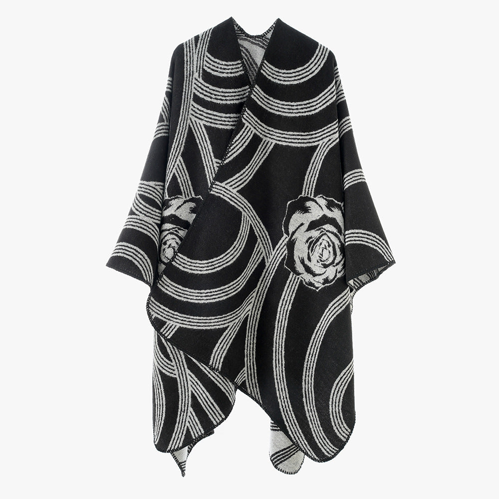Dam Jacquard capeponcho med Rose mönster och oversized Fall