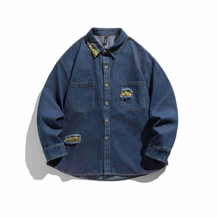 Herr oversize Denim skjortjacka med Slitna Effects och Kamouflage Patchar