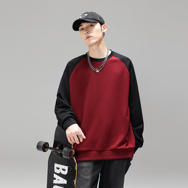 Herr Raglan College-Tröja med Contrast Ärmar, Mjuk Fleece Foder, och Ribbad Fåll