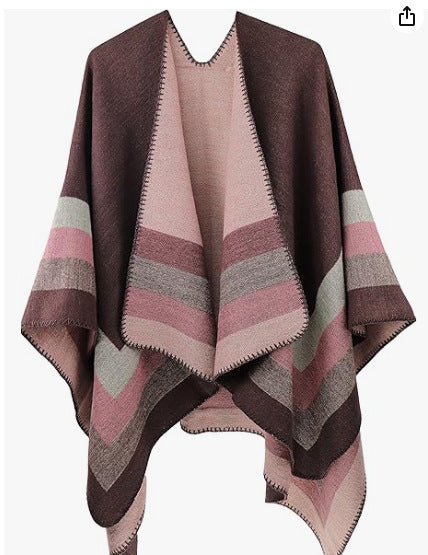 Dam ull-look poncho med asymmetrical block stripes och decorative stitch edge