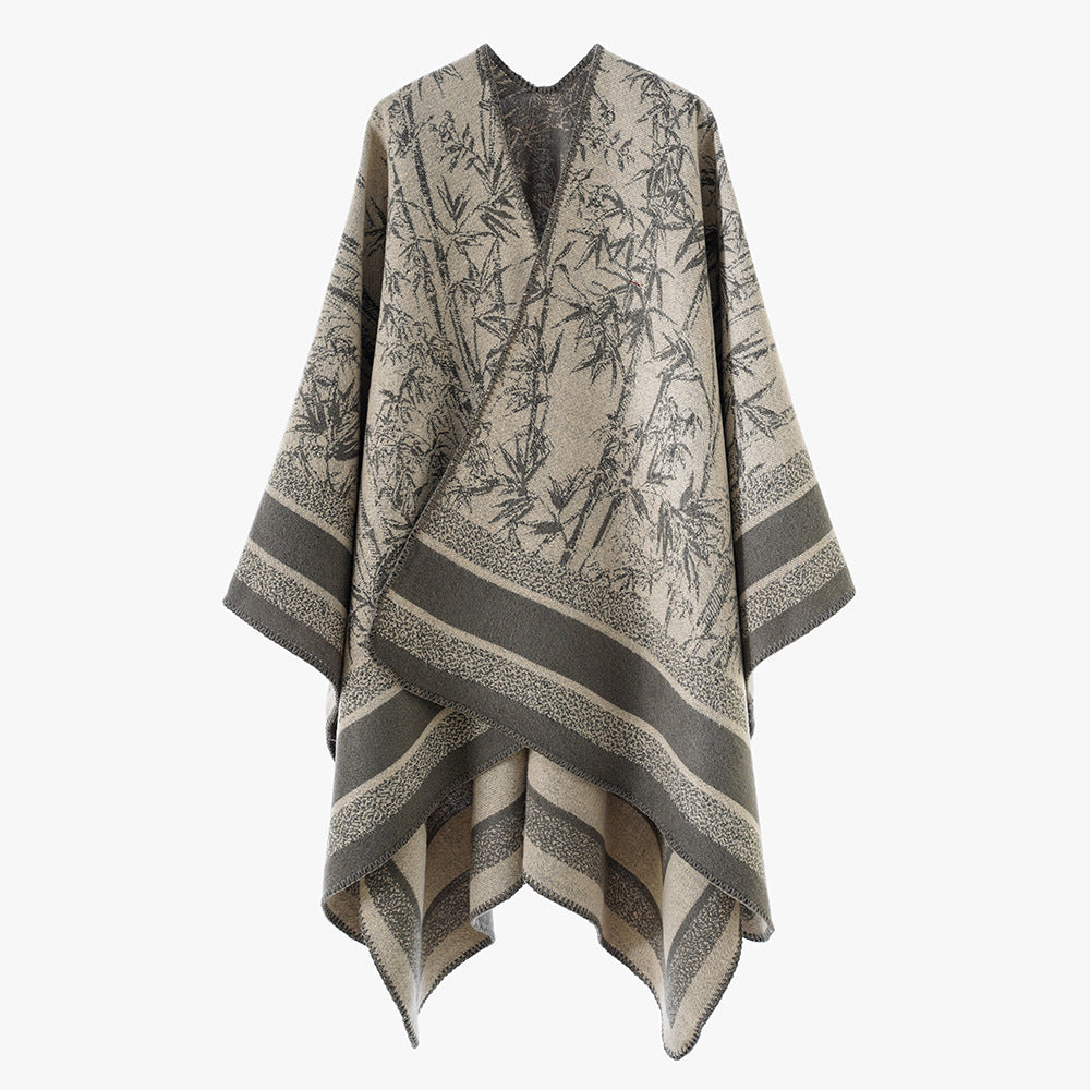 Dam Jacquard poncho i Cape stil med Bamboo design och öppen front