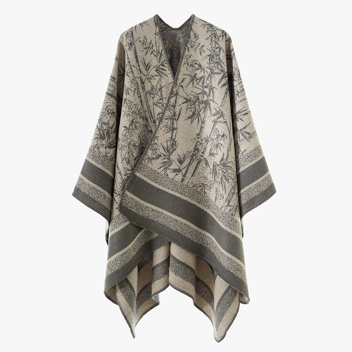 Dam Jacquard poncho i Cape stil med Bamboo design och öppen front