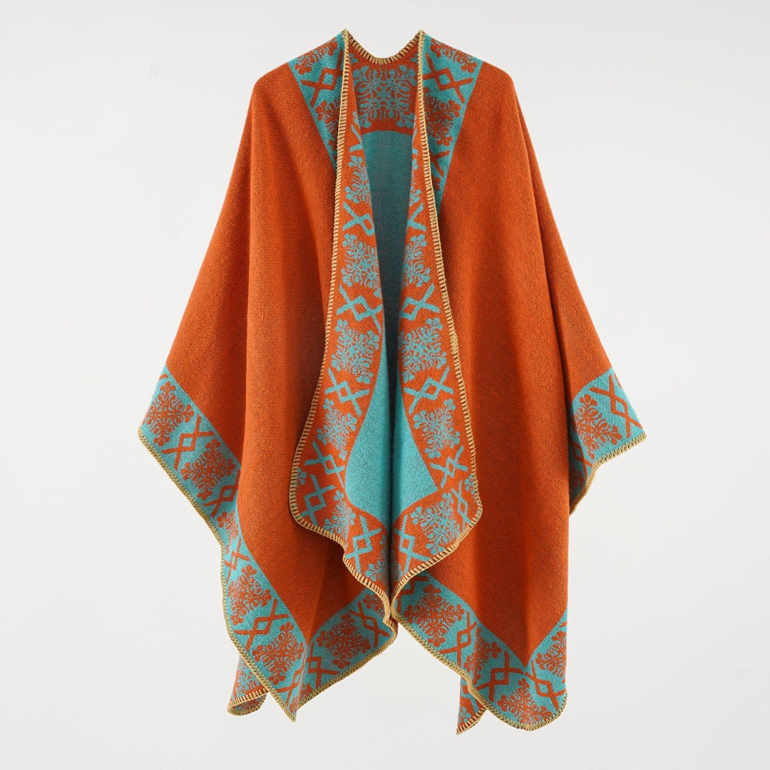 Dam oversized poncho cape tillverkad av ullblandning med woven border jacquard och decorative chain stitch