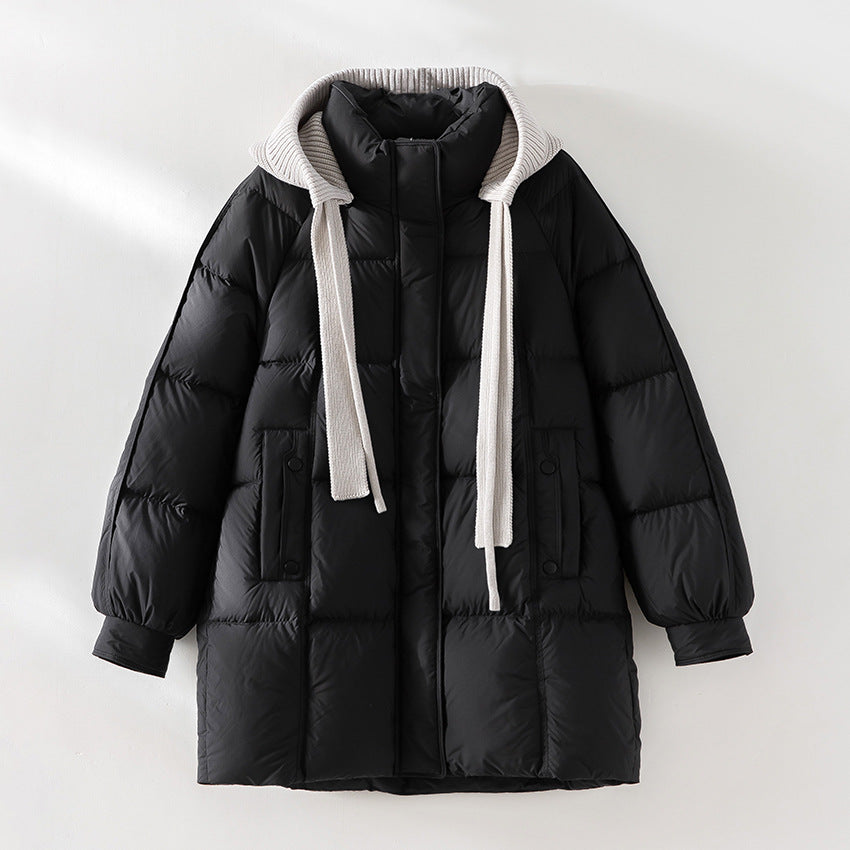 Dam vadderad kviltad jacka med huva ribbed krage lös passform och midi length