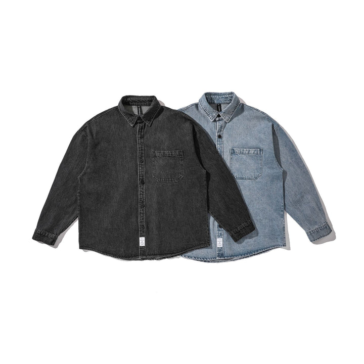 Herr overshirt tillverkad av washed denim med rounded fåll