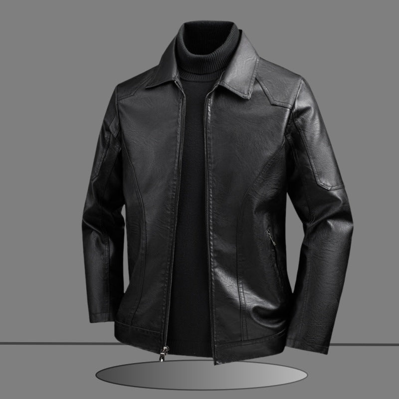 Herr Elegant Slim-Fit Läder Look Blouson Jacka med Skjorta Krage, Vertical Decorative Sömmar, och Dold Dragkedja