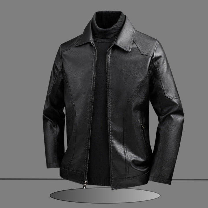 Herr Elegant Slim-Fit Läder Look Blouson Jacka med Skjorta Krage, Vertical Decorative Sömmar, och Dold Dragkedja