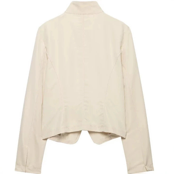 Dam Kort Tailored Avslappnad Jacka i Blouson Stil med Asymmetrisk Knapp Knäppning och Stå Krage