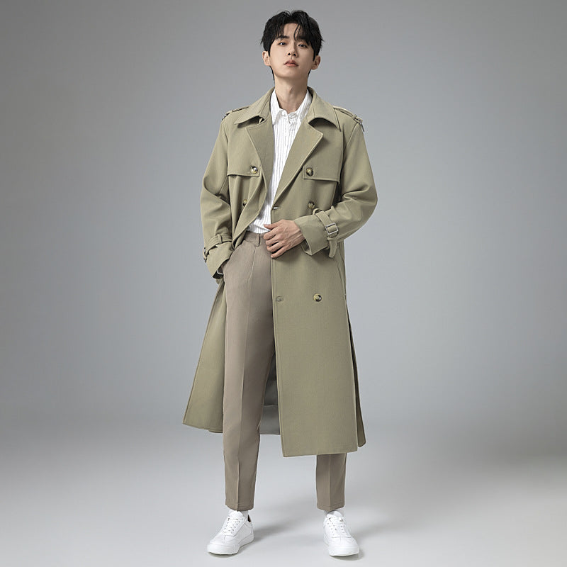 Herr Modern Maxi Lång Double-Breasted Trench Kappa med Klassisk Slag och Justerbar Muddar