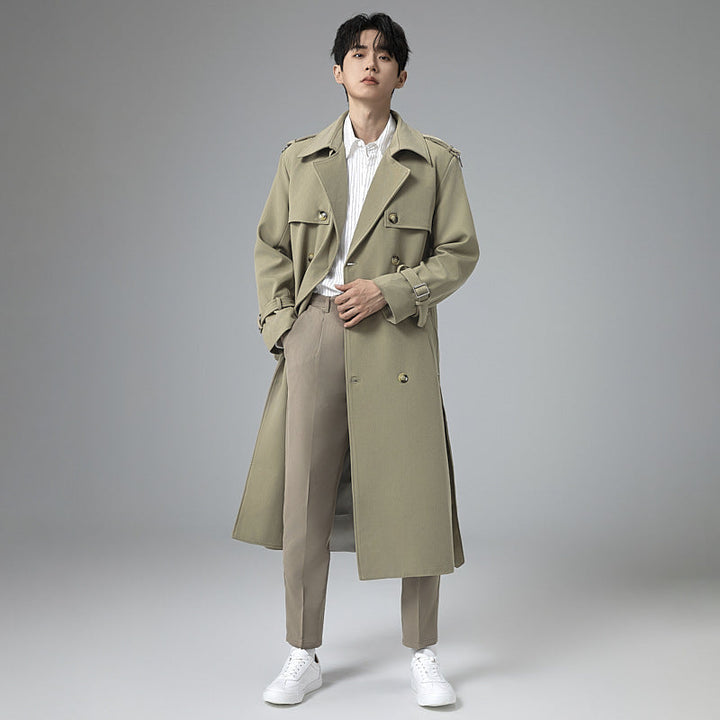 Herr Modern Maxi Lång Double-Breasted Trench Kappa med Klassisk Slag och Justerbar Muddar
