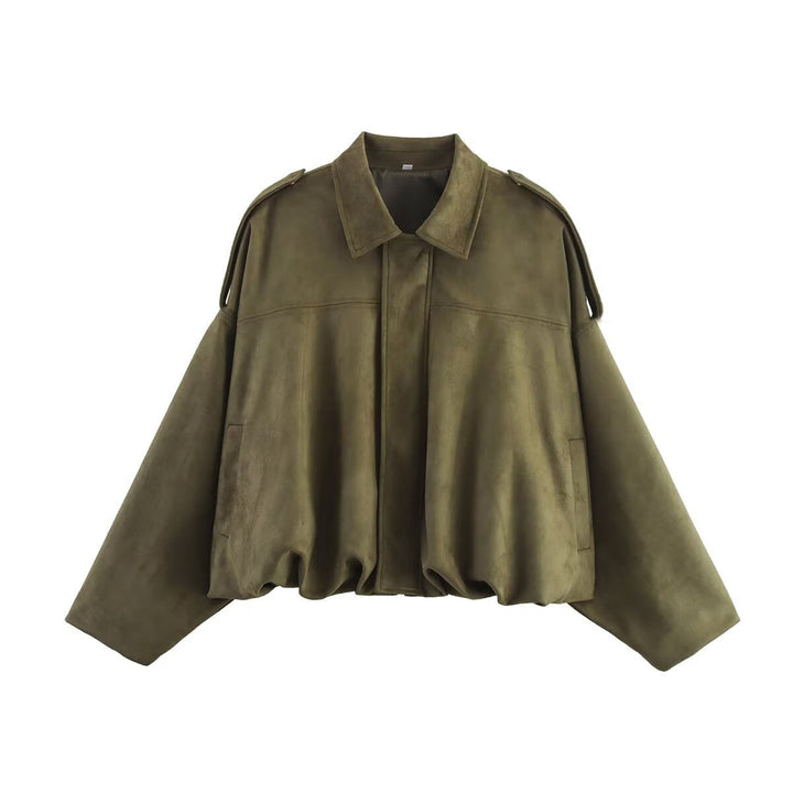 Dam oversize kort jacka in mocka look med skärning-Out Shoulders och fåll med dragsko