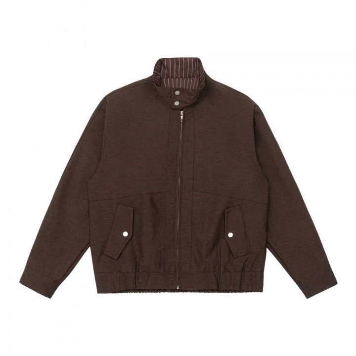 Herr boxig Dragkedja Blouson tillverkad av mottled stickad tyg med randig krage foder och elastisk fåll