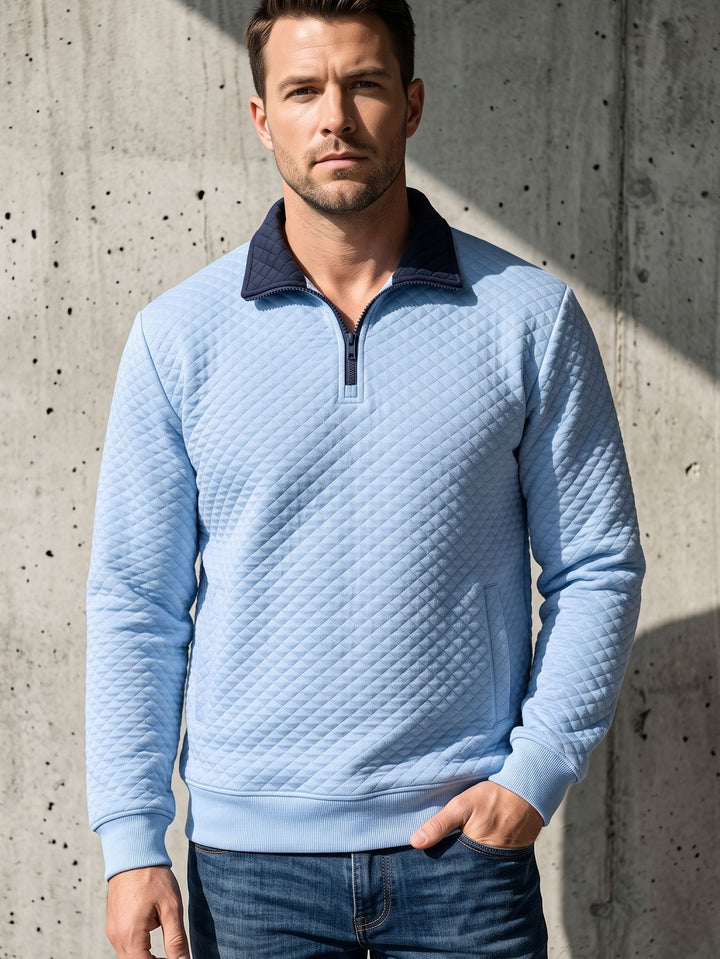 Herr Quiltad Pullover med Troyer Krage och Halv Dragkedja