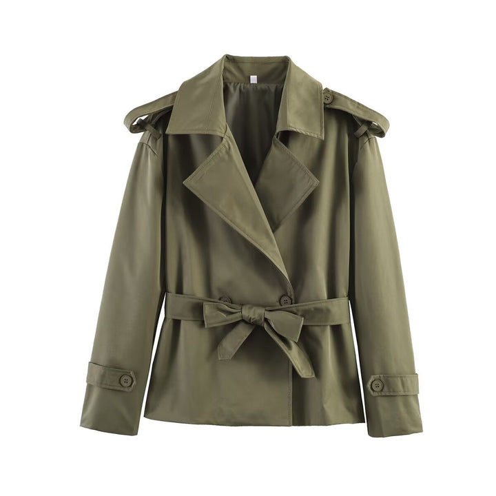 Dam Kort Trenchcoat med Waist Belt, Double-Breasted Front och Shoulder Flaps