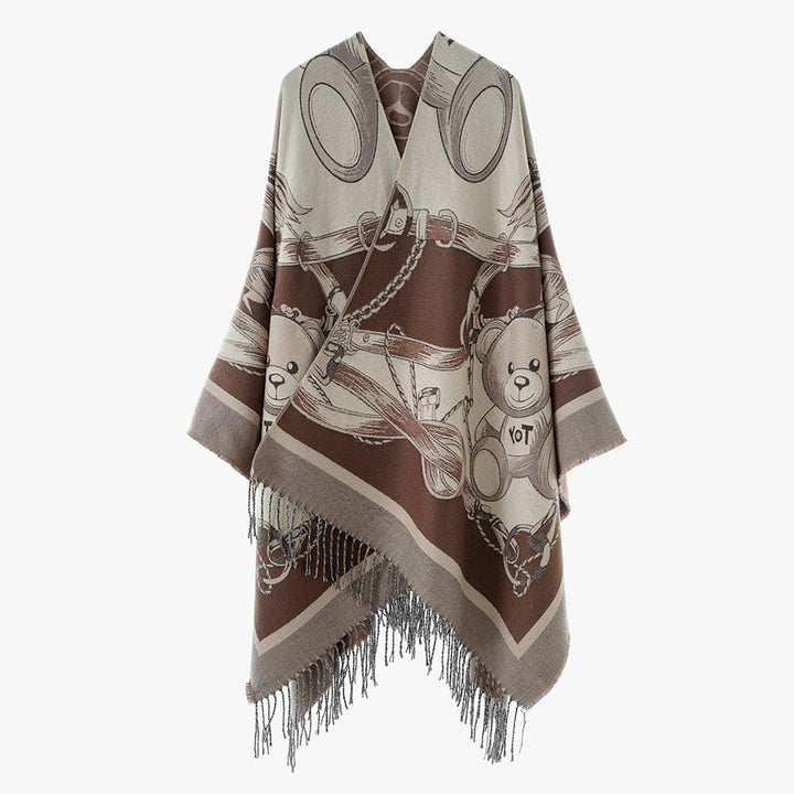 Dam Jacquard-capeponcho med Teddy Motif, oversized silhuett och fransfåll