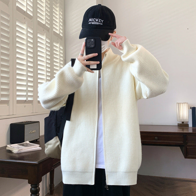 Herr Oversized Knit Zip Jacka med Hög Stående Krage och Fin Rib Structure