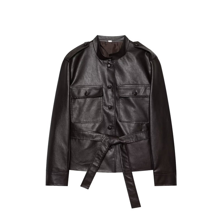 Dam Tailored Faux Läder Blouson Jacka med Ties, Lock Fickor och Stå Krage