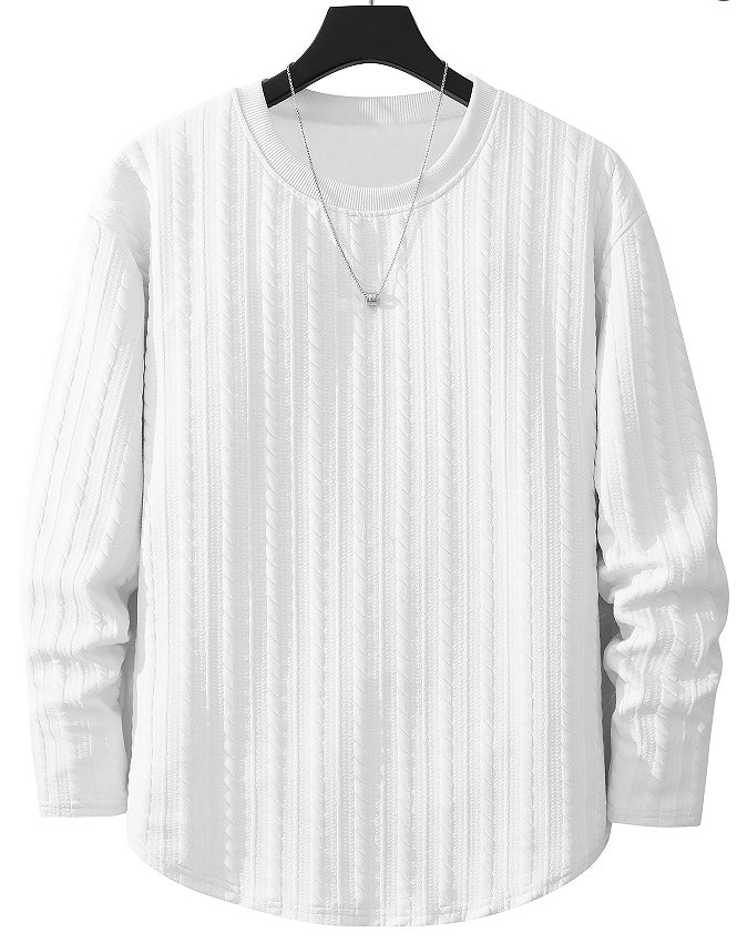 Herr Fin Structure Chunky Stickad Round Neck College-Tröja med Cable Mönster &amp; Avslappnad Passform