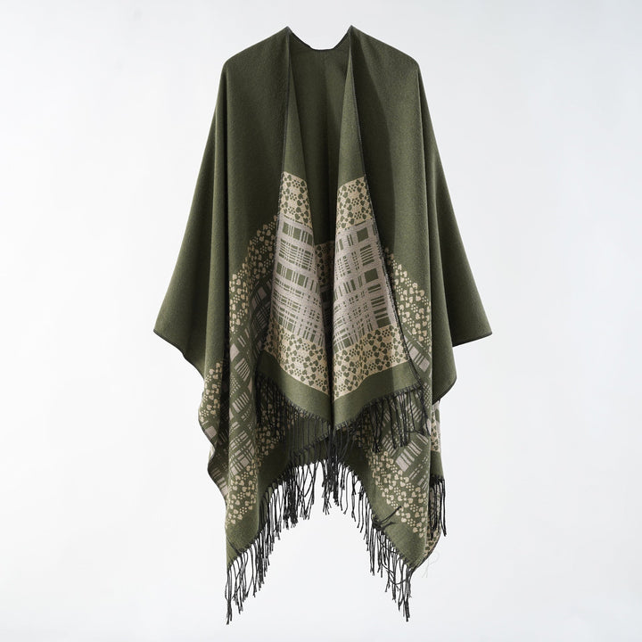Dam ullblandning axel poncho med jacquard mönster och fransfåll