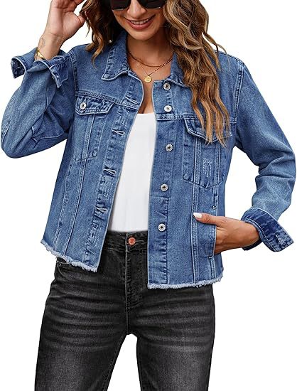 Dam kort skuren denimjacka med fringe fåll och patch breast fickor