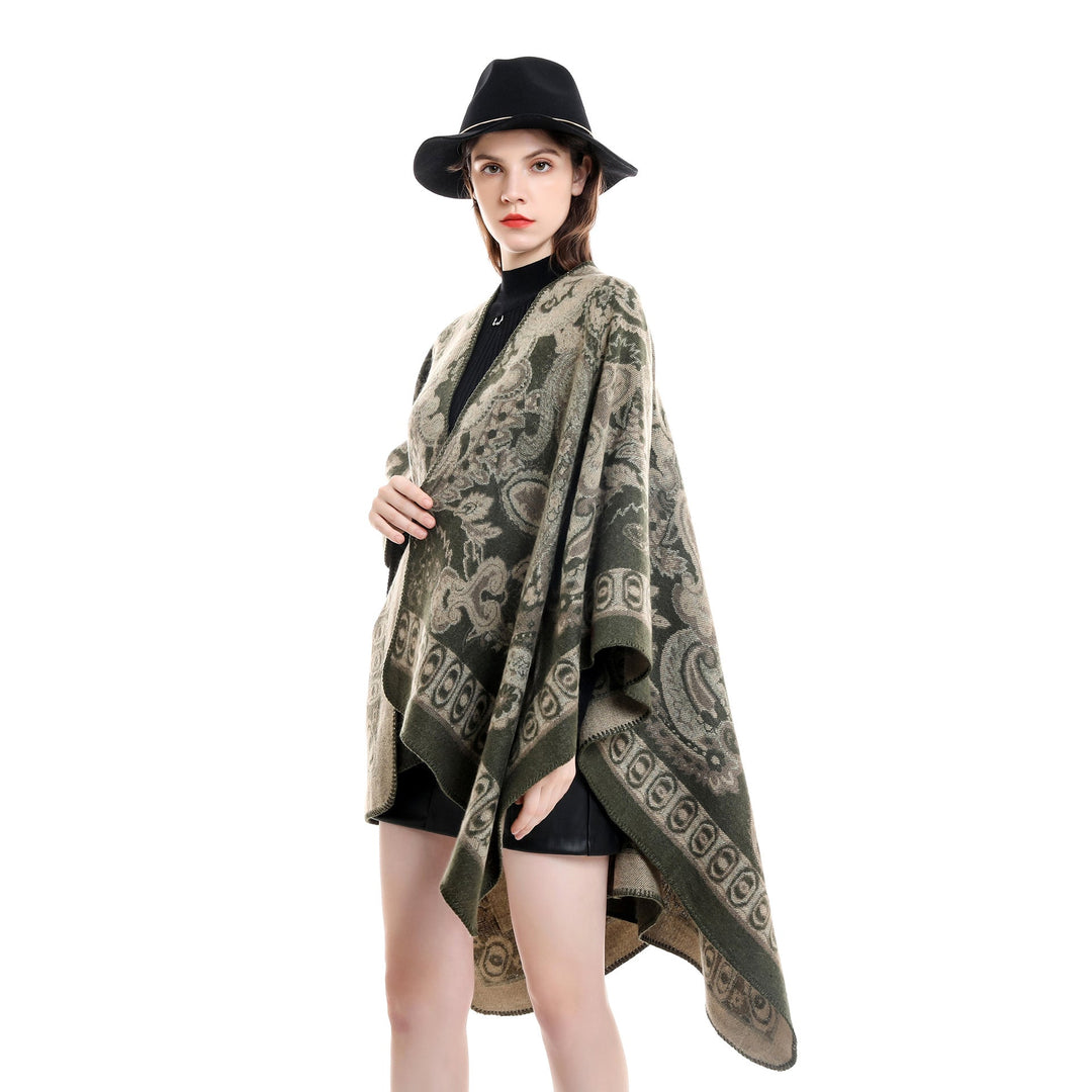 Dam jacquard-woven oversized ruana med ornamentation och open kimono fall drape