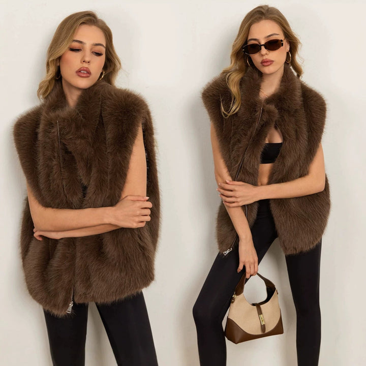 Dam Fluffy Faux Fur väst med Voluminous sjalkrage och dragkedja