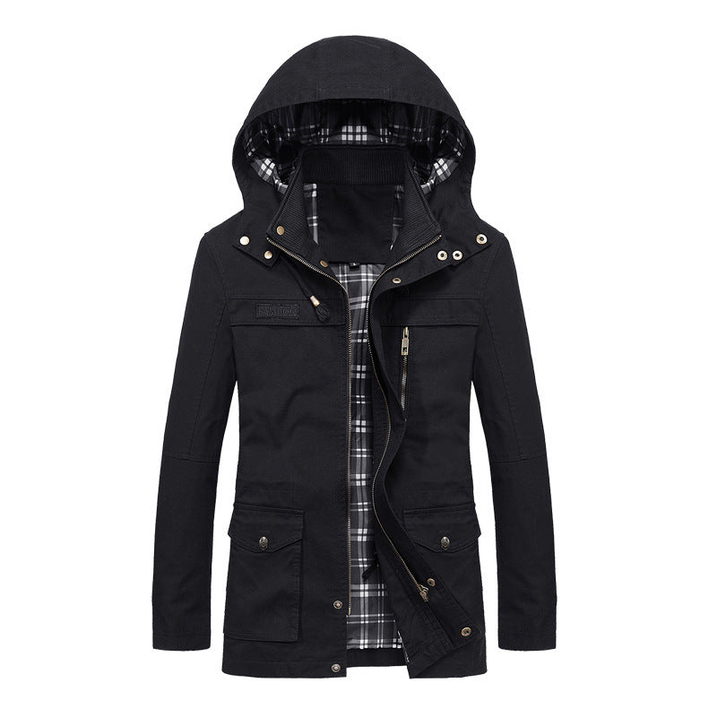 Herr Canvas Fält Parka med Huva, Rutig Foder och Multi-Function Fickor