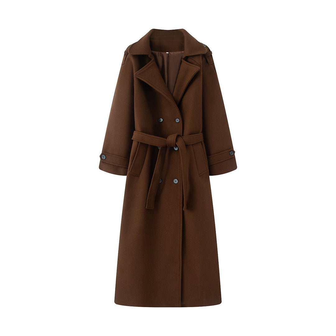 Dam longer ullblandning trenchcoat med sjalkrage, midjebälte, och double-breasted knäppning
