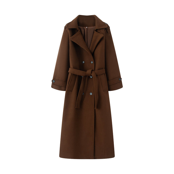 Dam longer ullblandning trenchcoat med sjalkrage, midjebälte, och double-breasted knäppning