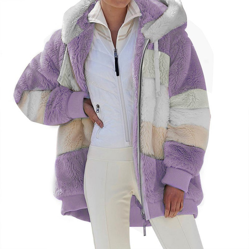 Dam oversized faux fur patchwork hooded jacka med ribbstickade muddar och two-way dragkedja