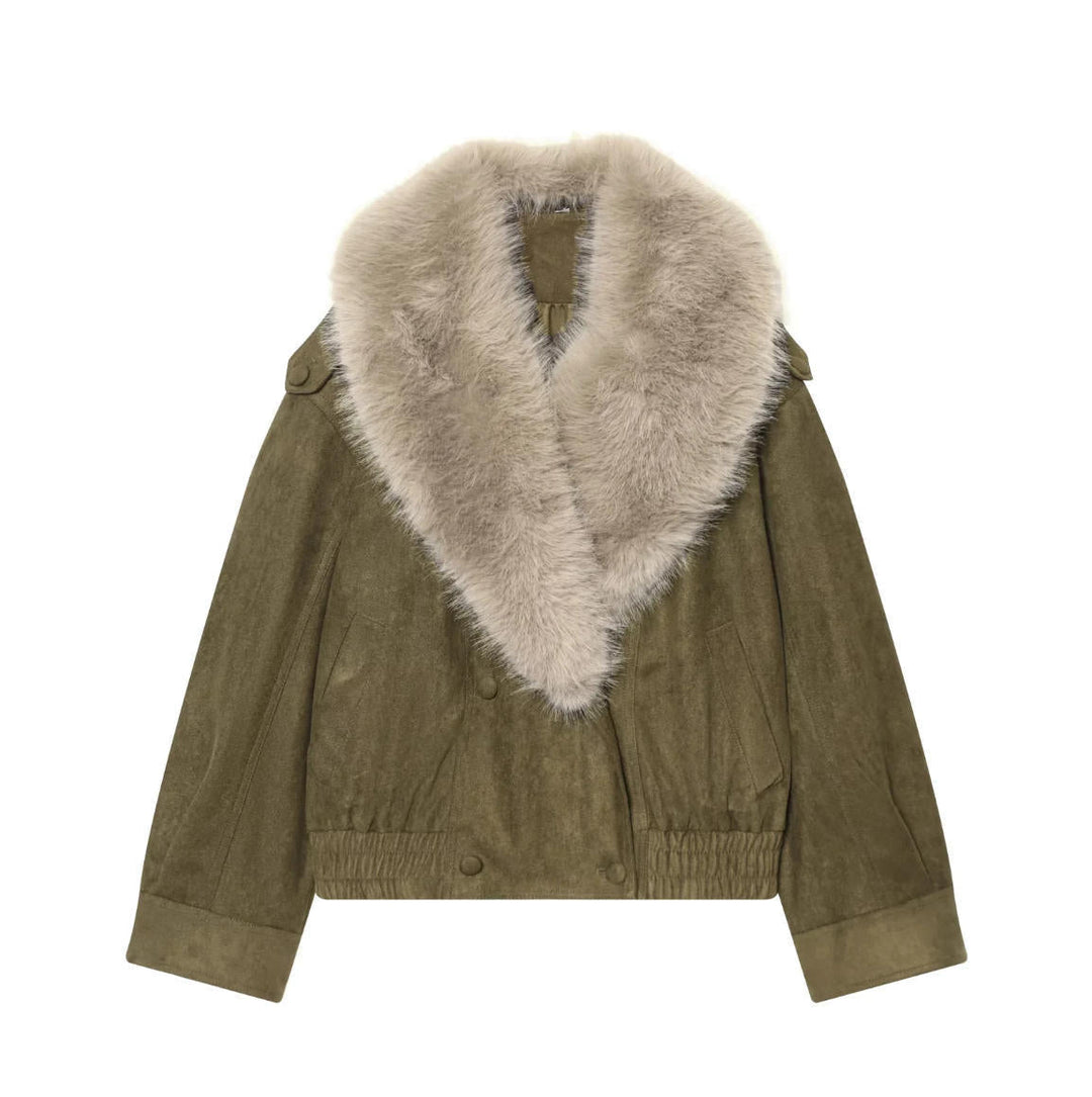 Dam Kort Velvet Jacka med Voluminous Faux Fur Shawl Krage