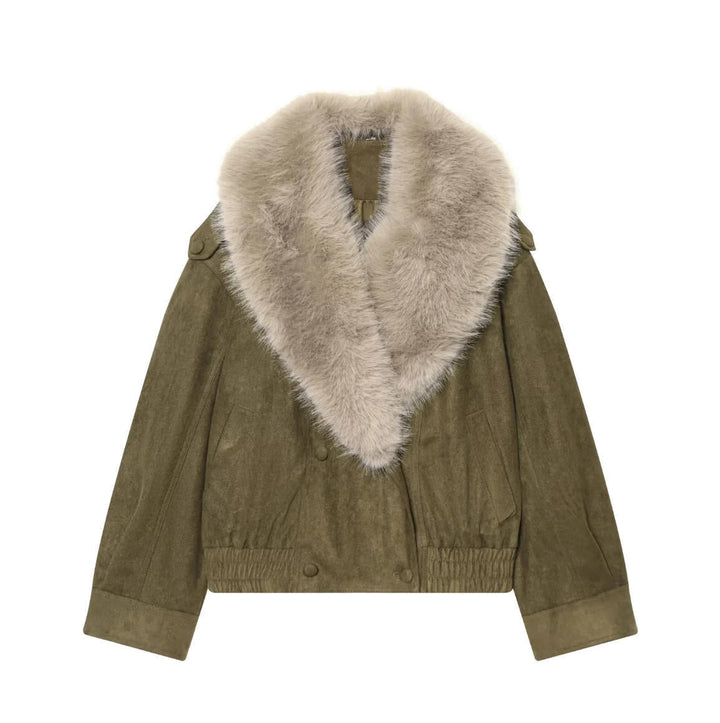 Dam Kort Velvet Jacka med Voluminous Faux Fur Shawl Krage