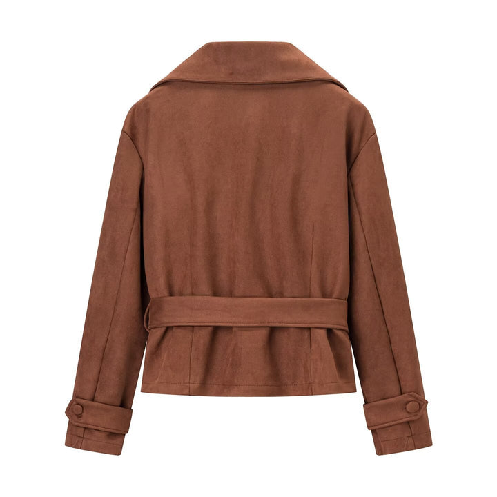 Dam kort jacka in mocka look med midjebälte och stor lapel