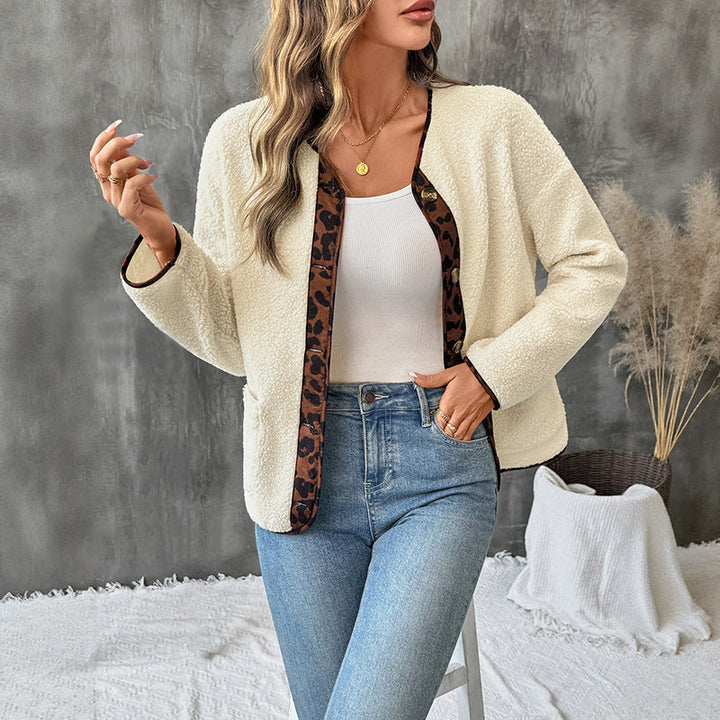 Dam Mysig Teddy Blazer med Leopard Tryck