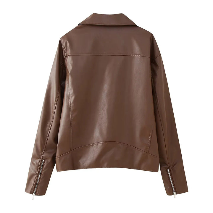 Dam figurnära konstläder bikerjacka med asymmetrisk dragkedja, bred lapels, och decorative pocket