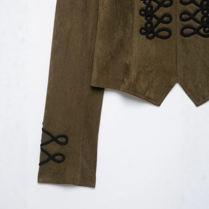 Dam Tailored Kort Suede Blouson med Military Cord Application och Stå Krage