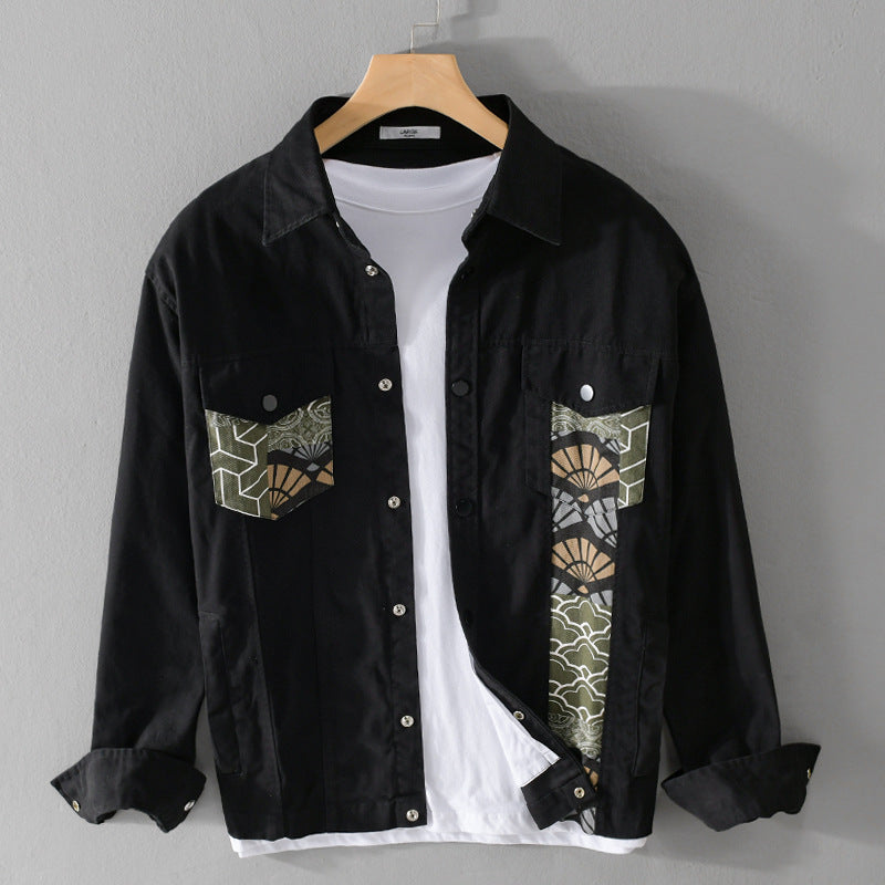 Herr Lätt Canvas Overshirt i Worker Stil med Japanese Mönster Utanpå och Tryckknapp Knapp Slå