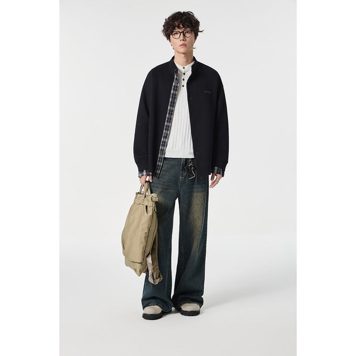 Unisex Oversized Skjorta Jacka i Sweat Overlay med Ståkrage och Rutig Inner Cuff