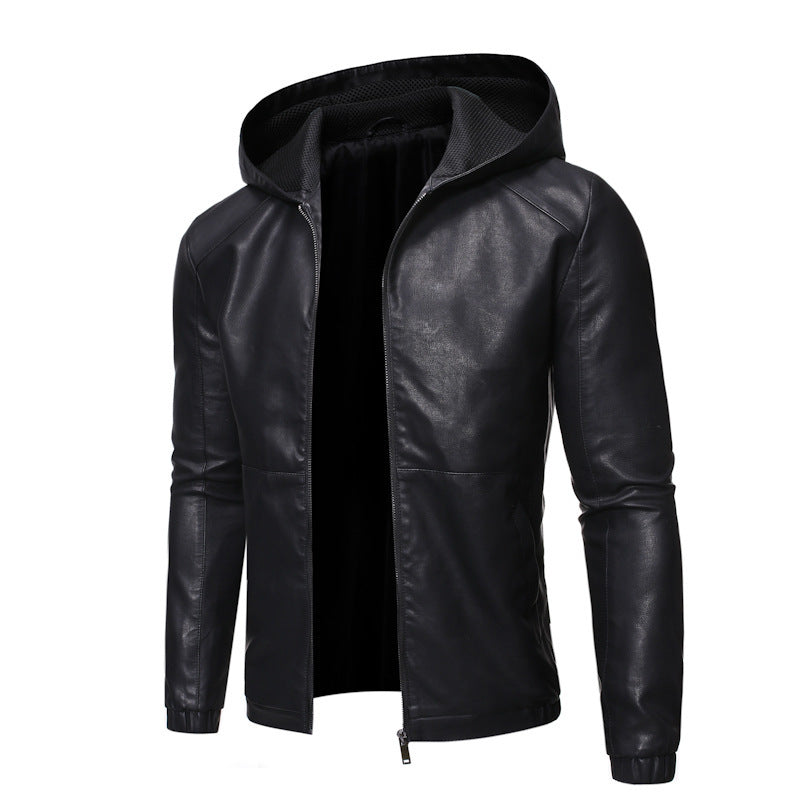 Herr Leatherette med Huva Blouson med Mesh Inre Huva, Smal Siluett och Hel Dragkedjaper