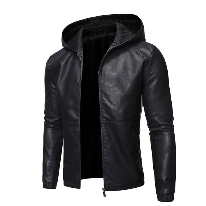 Herr Leatherette med Huva Blouson med Mesh Inre Huva, Smal Siluett och Hel Dragkedjaper