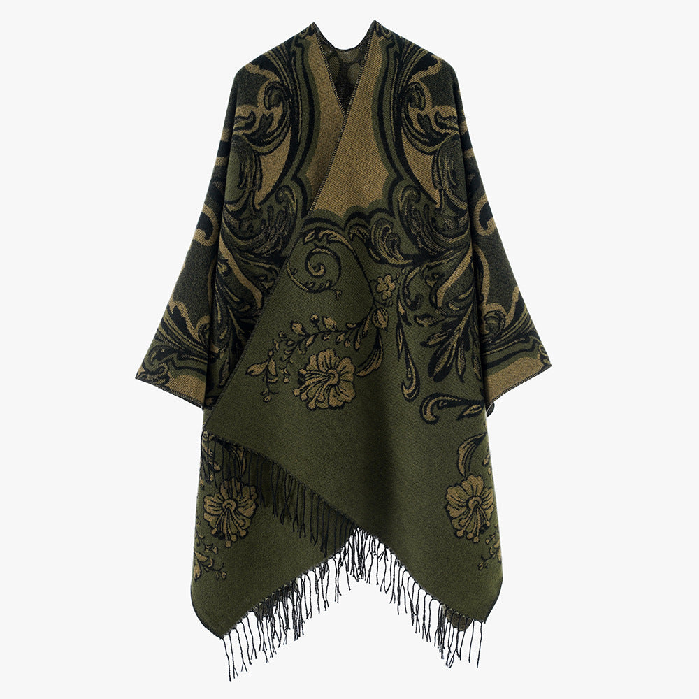 Dam Jacquard poncho Wrap i Baroque mönster med Fringes