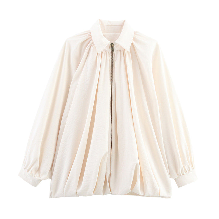 Dam 100+ Wide Gathered Blouse Jacka med Skjort Krage och Front Dragkedja