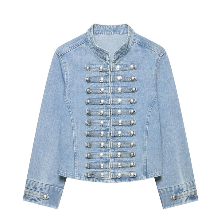 Dam Tailored Denim Blazer Jacka i Military Inspired Marshal Stil med Dekorativ Knapp Knäppning
