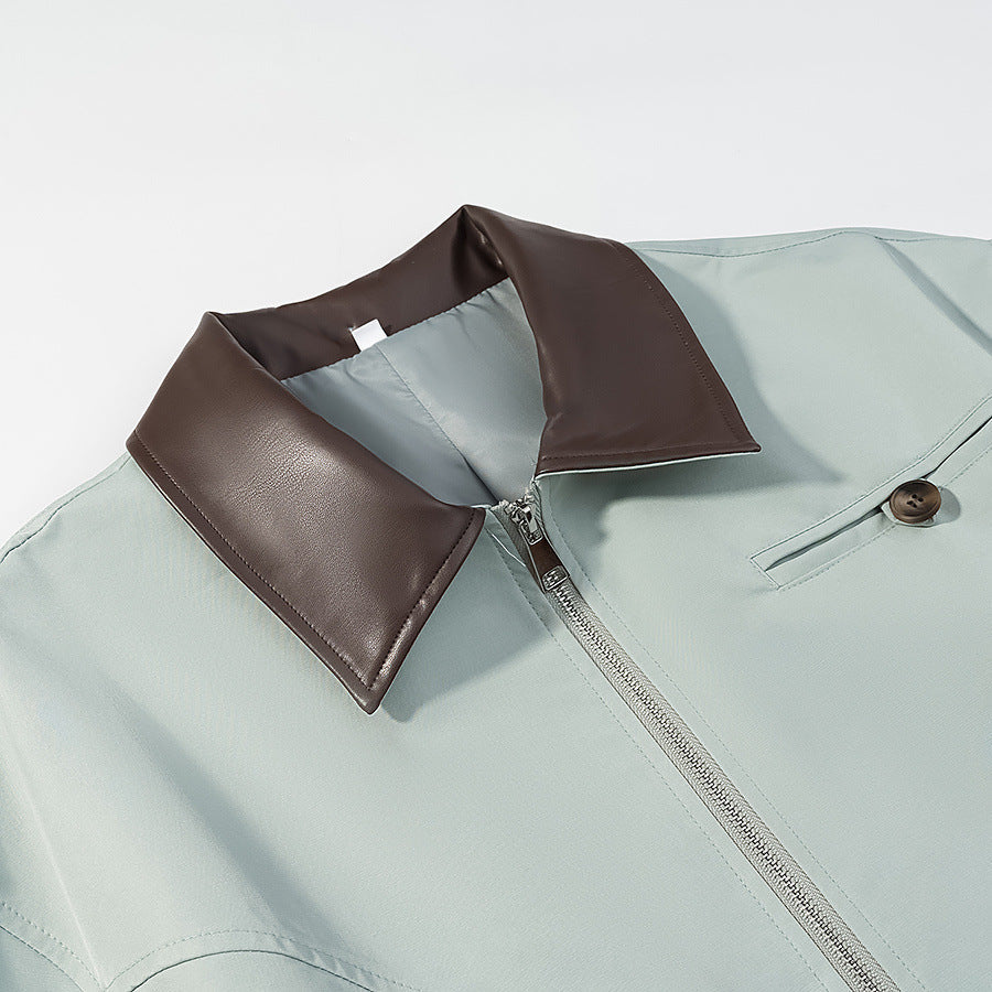 Dam Kort Läderlook Blouson Jacka med Contrast Krage och Dragkedja