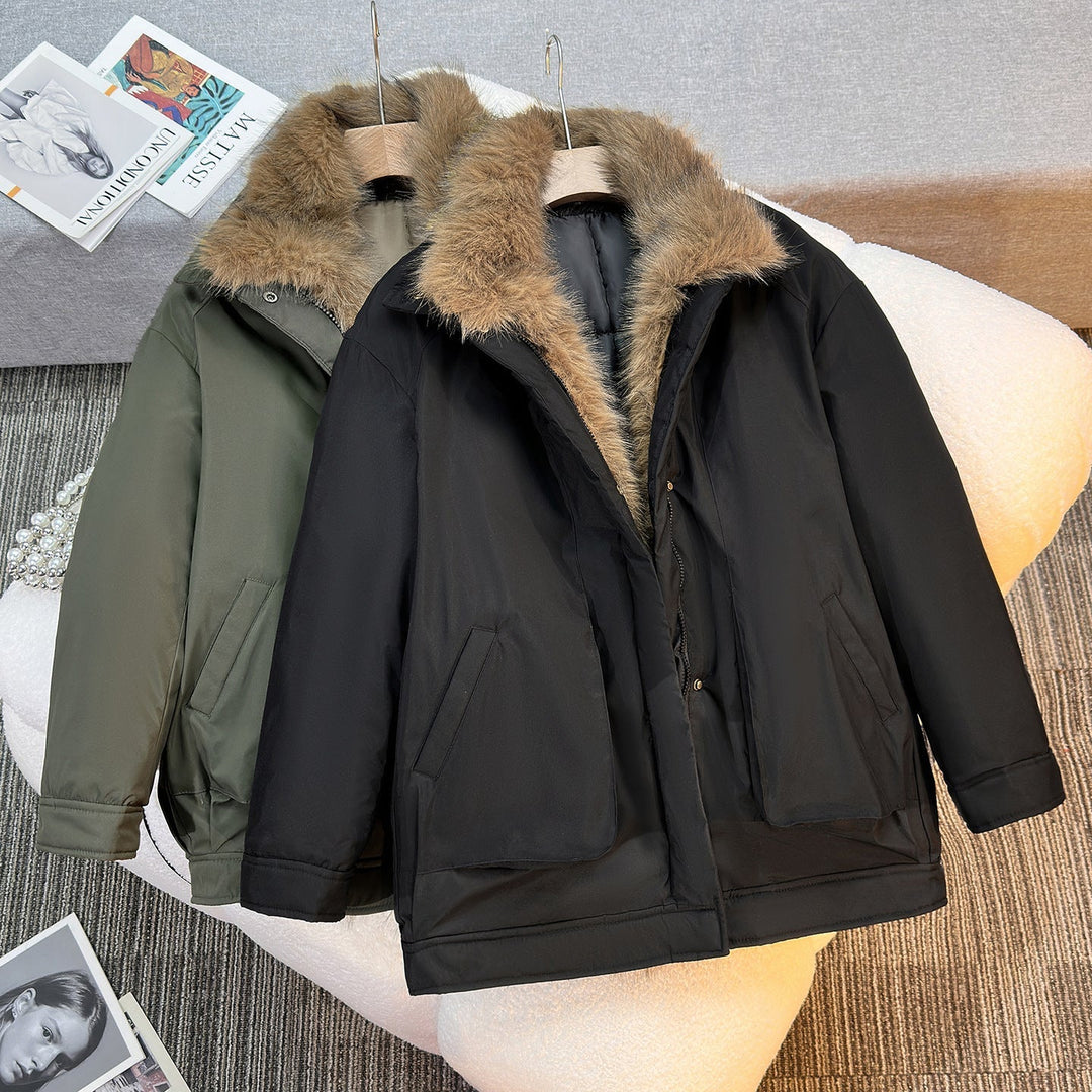 Dam mid-length vindtät vinter parka med detachable fuskpälskrage, vadderad inner flap och asymmetrical fåll