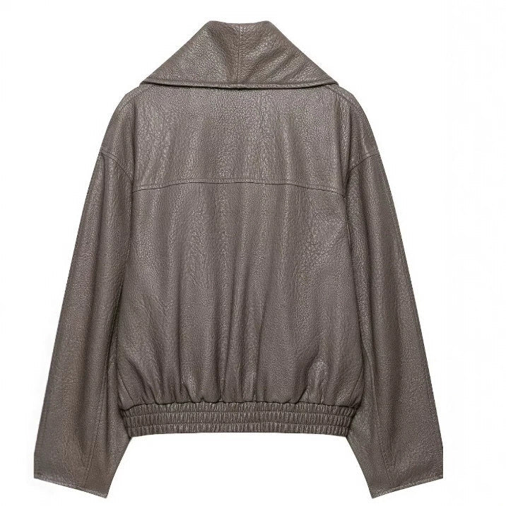 Dam Kort Jacka Tillverkad av Faux Läder med Wide Shawl Krage och Elastic Nederkant