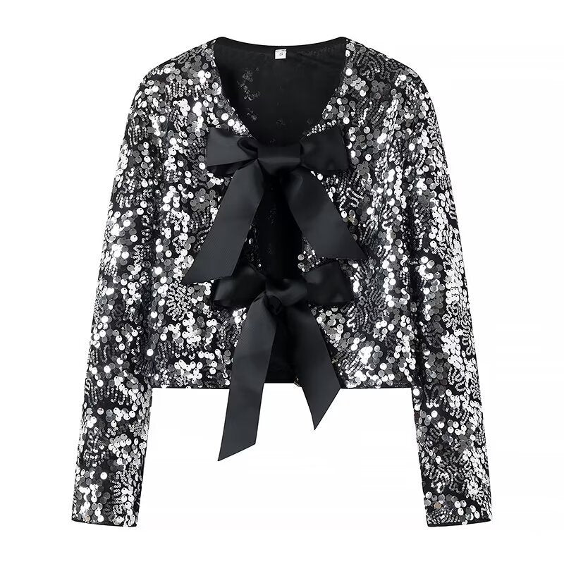 Dam Sequin Bolero jacka med dekorativ Satin Bows